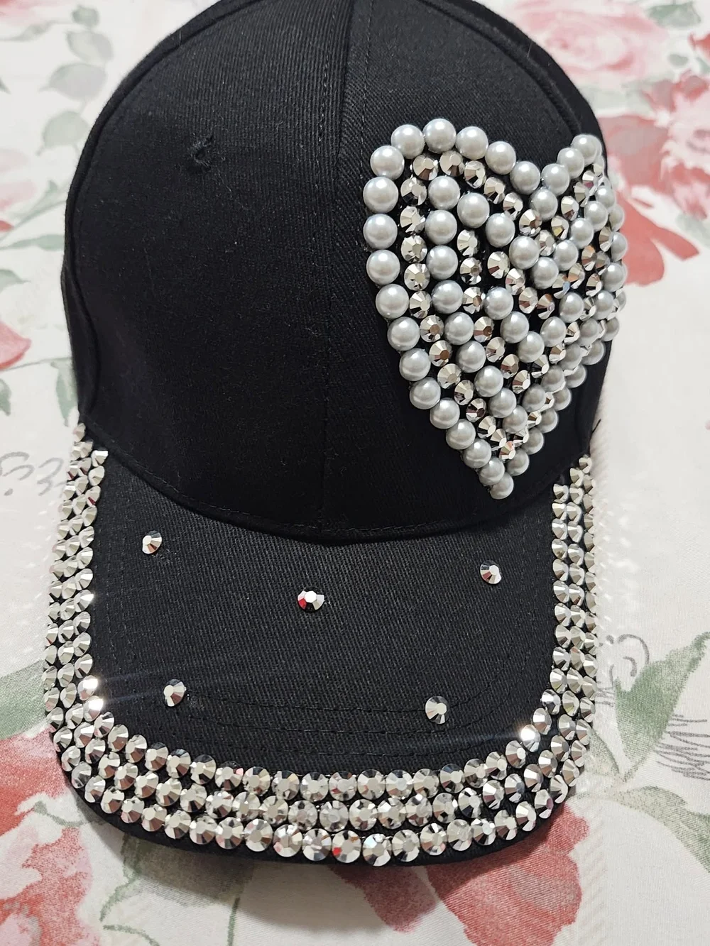 Black Baseball Cap with Pearl Heart and Rhinestone Trim